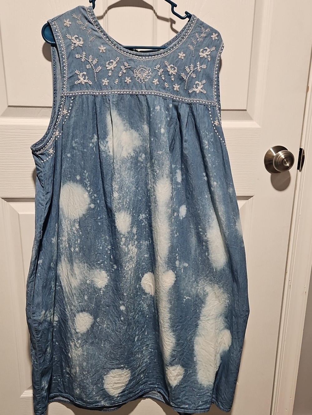 Girls Blue Bleached Embroidered Sleeveless Dress